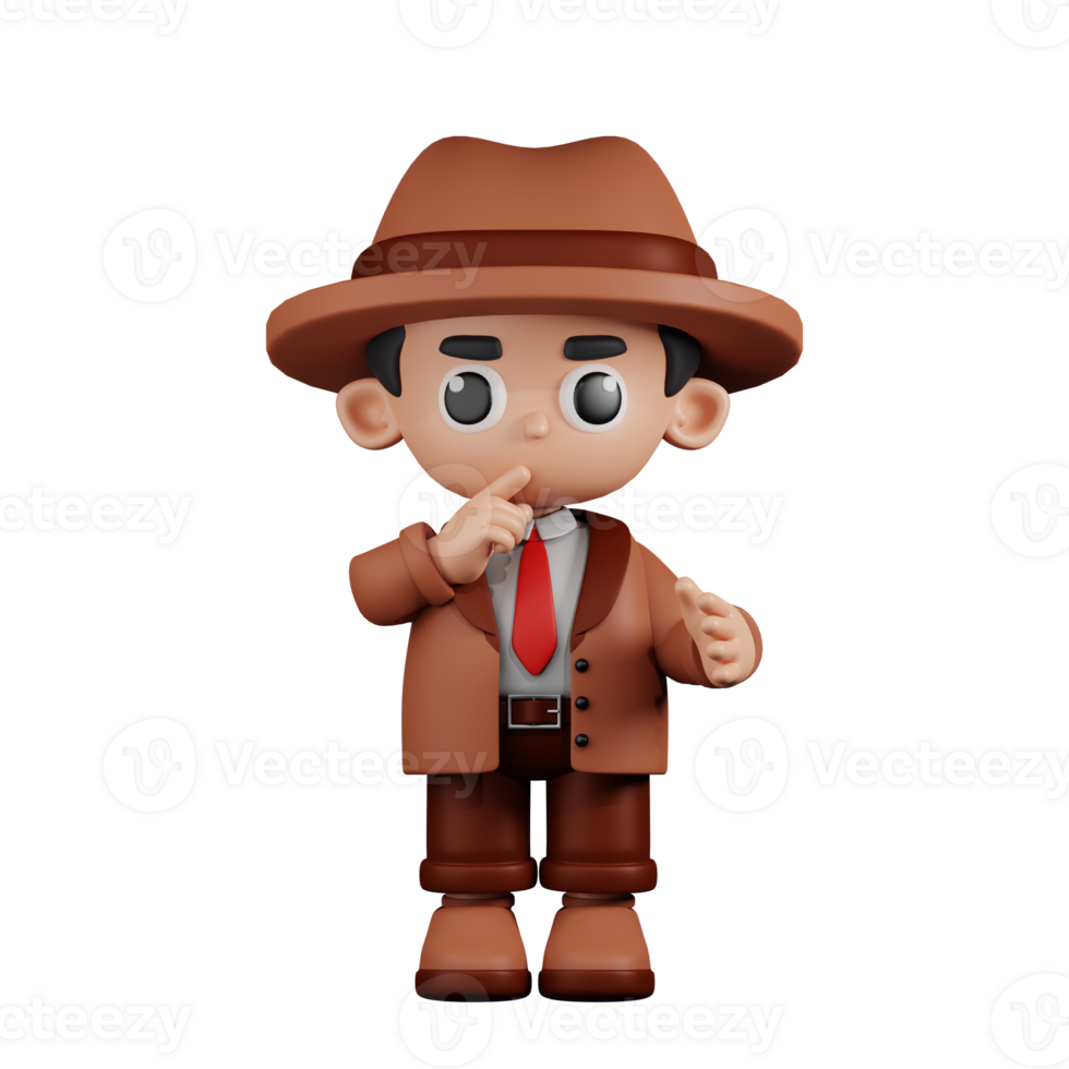 3d Character Detective Quiet Pose. 3d render isolated on transparent backdrop. png