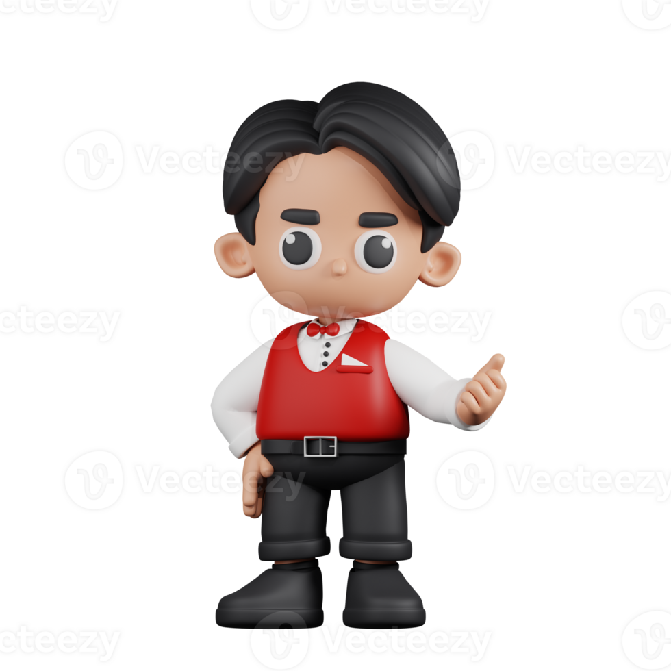 3d Character Waitress Pointing Next Pose. 3d render isolated on transparent backdrop. png