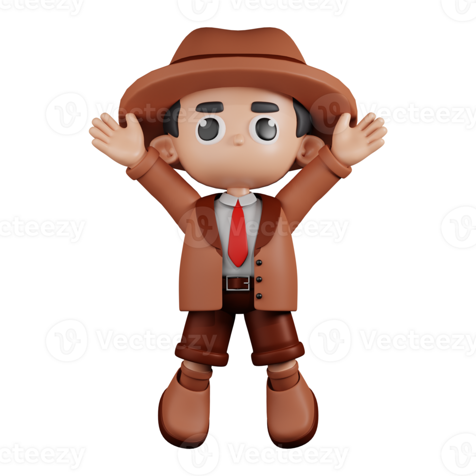 3d Character Detective Jumping Celebration Pose. 3d render isolated on transparent backdrop. png