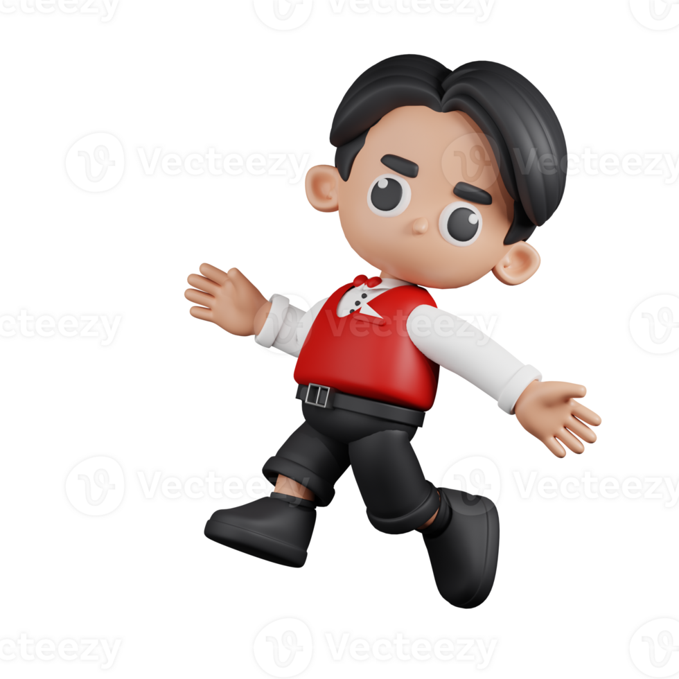 3d Character Waitress Happy Jumping Pose. 3d render isolated on transparent backdrop. png