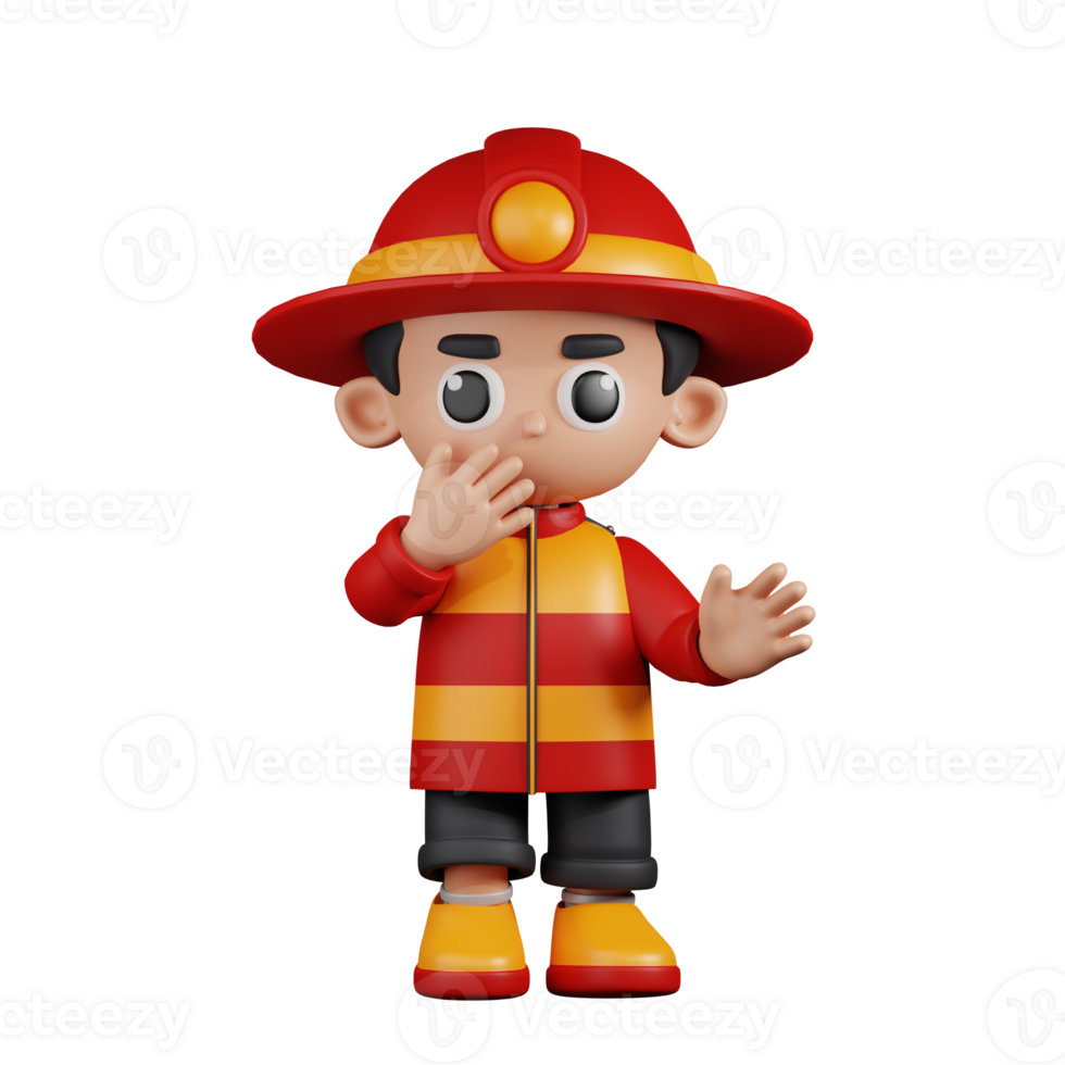 3d Character Firefighter Surprised Pose. 3d render isolated on transparent backdrop. png