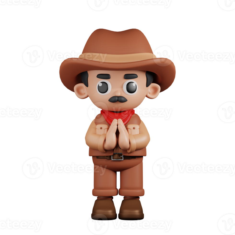 3d Character Cowboy Apologizing Pose. 3d render isolated on transparent backdrop. png