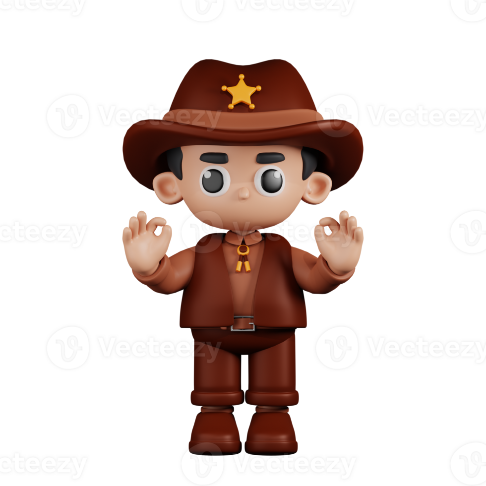 3d Character Sheriff Giving Ok Hand Gesture Pose. 3d render isolated on transparent backdrop. png