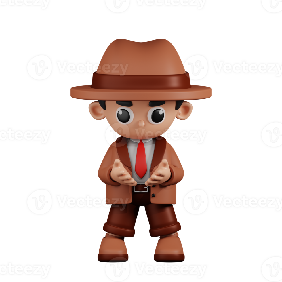 3d Character Detective Holding Something Pose. 3d render isolated on transparent backdrop. png