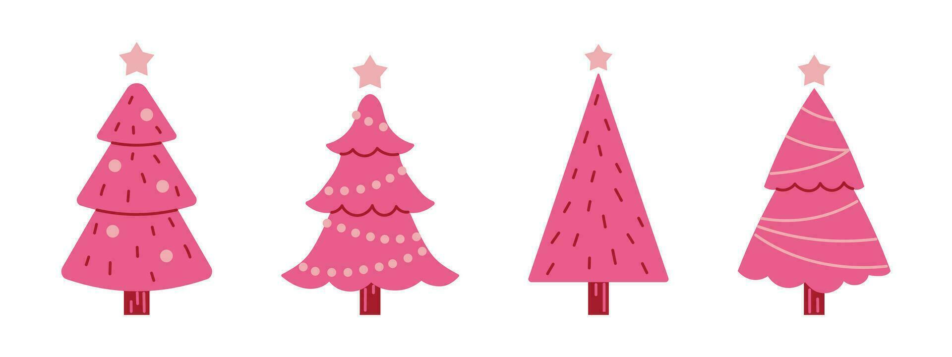 Vector set of y2k pink christmas trees. Glamour stylish fir trees with