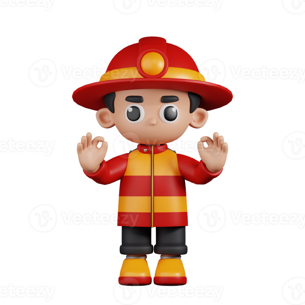 3d personaje bombero dando Okay mano gesto pose. 3d hacer aislado en transparente fondo. png