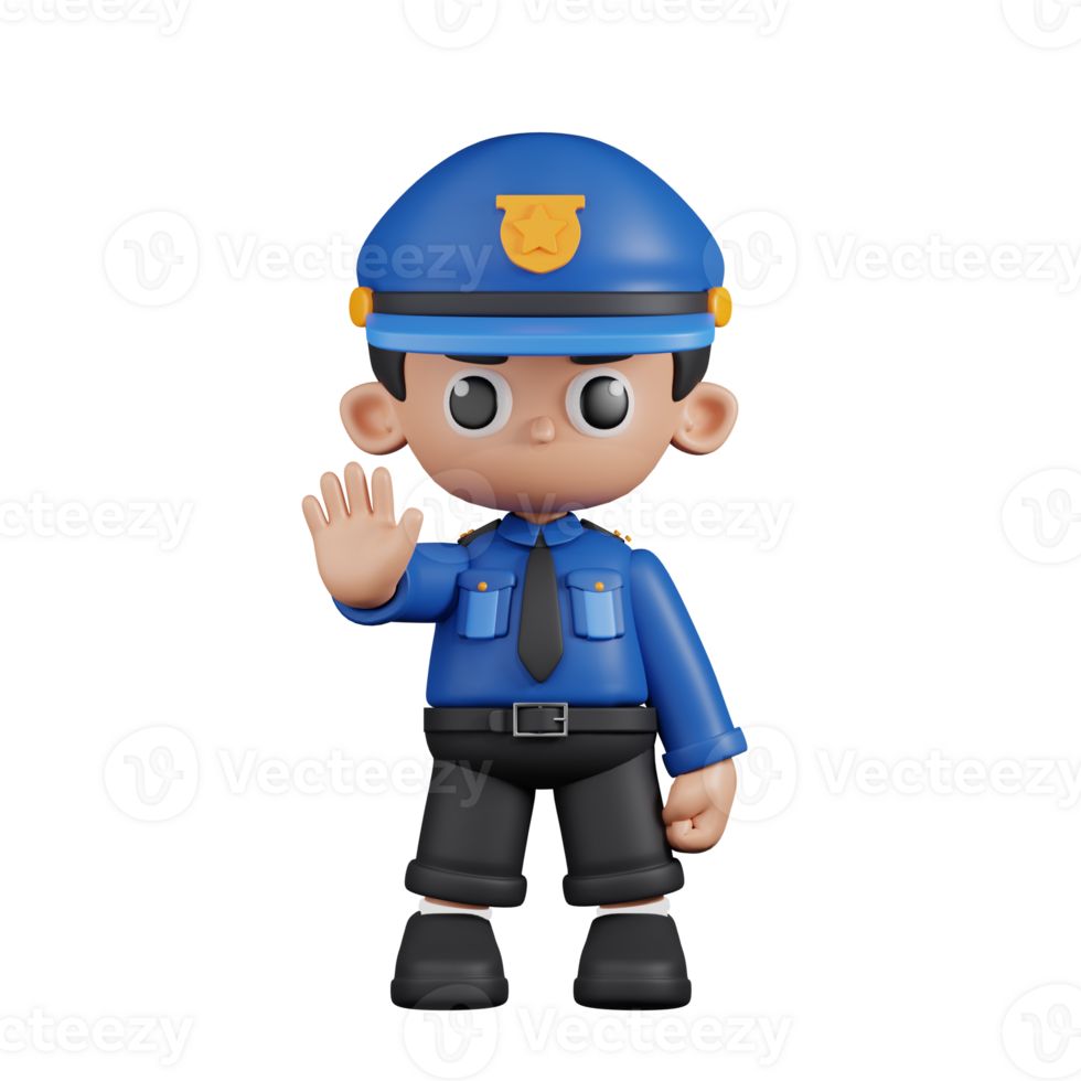 3d Character Policeman Doing The Stop Sign Pose. 3d render isolated on transparent backdrop. png