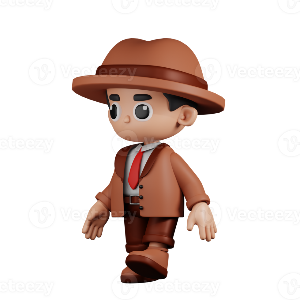 3d Character Detective Walking Pose. 3d render isolated on transparent backdrop. png