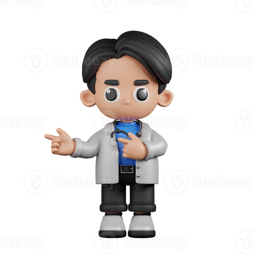 3d Character Doctor Pointing Fingers In Direction Pose. 3d render isolated on transparent backdrop. png