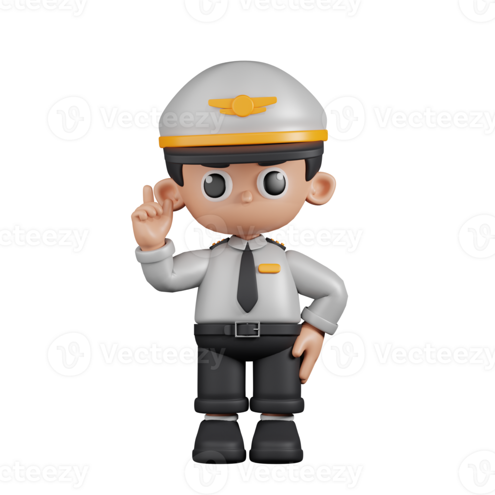 3d Character Pilot Pointing Up Pose. 3d render isolated on transparent backdrop. png