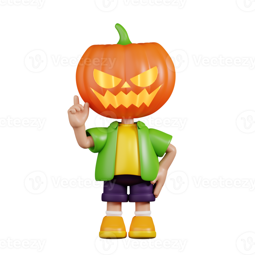 3d Character Pumpkin Pointing Up Pose. 3d render isolated on transparent backdrop. png