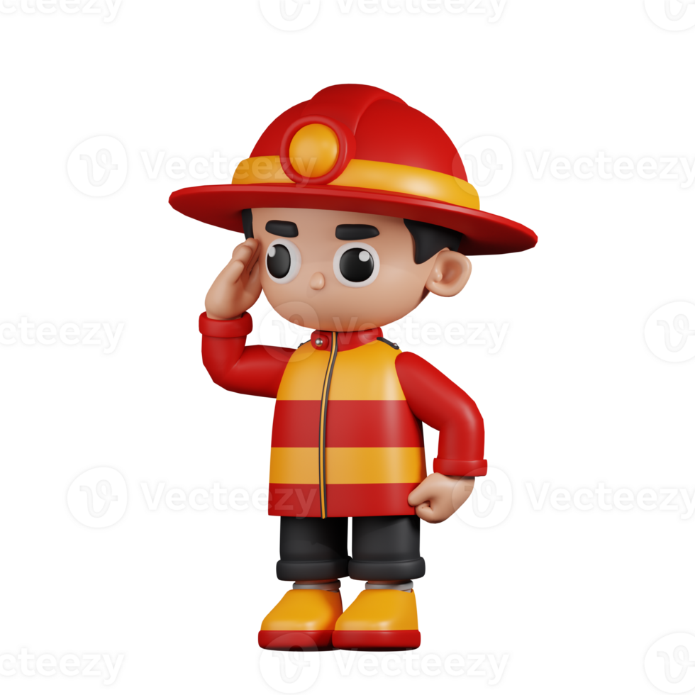 3d Character Firefighter Giving Salute Pose. 3d render isolated on transparent backdrop. png