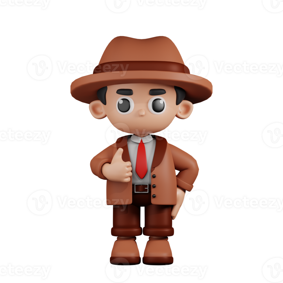 3d Character Detective Showing Thumb Up Pose. 3d render isolated on transparent backdrop. png
