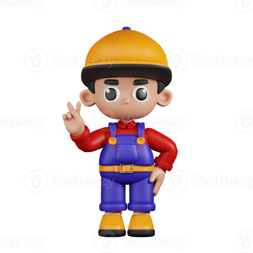 3d Character Mechanic Showing Peace Sign Pose. 3d render isolated on transparent backdrop. png