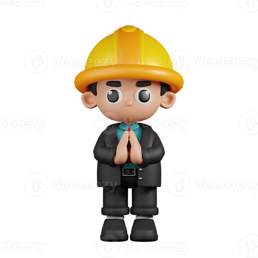 3d Character Engineer Apologizing Pose. 3d render isolated on transparent backdrop. png