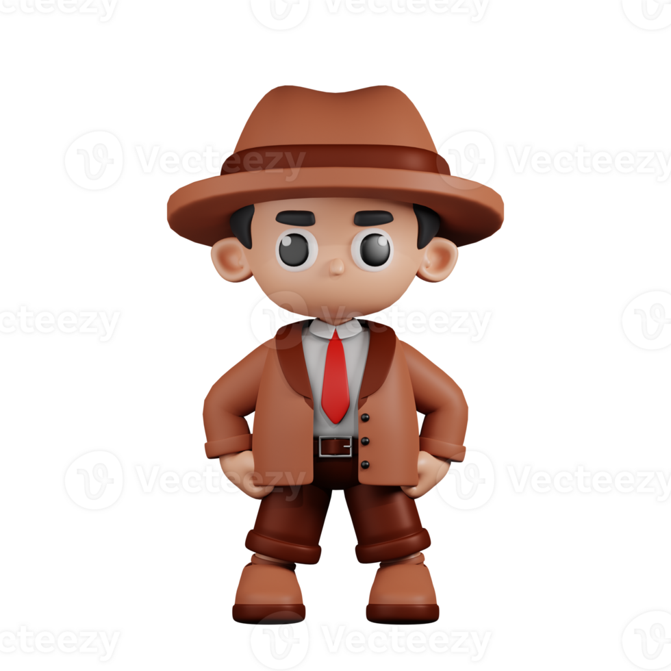 3d Character Detective Hero Stance Pose. 3d render isolated on transparent backdrop. png