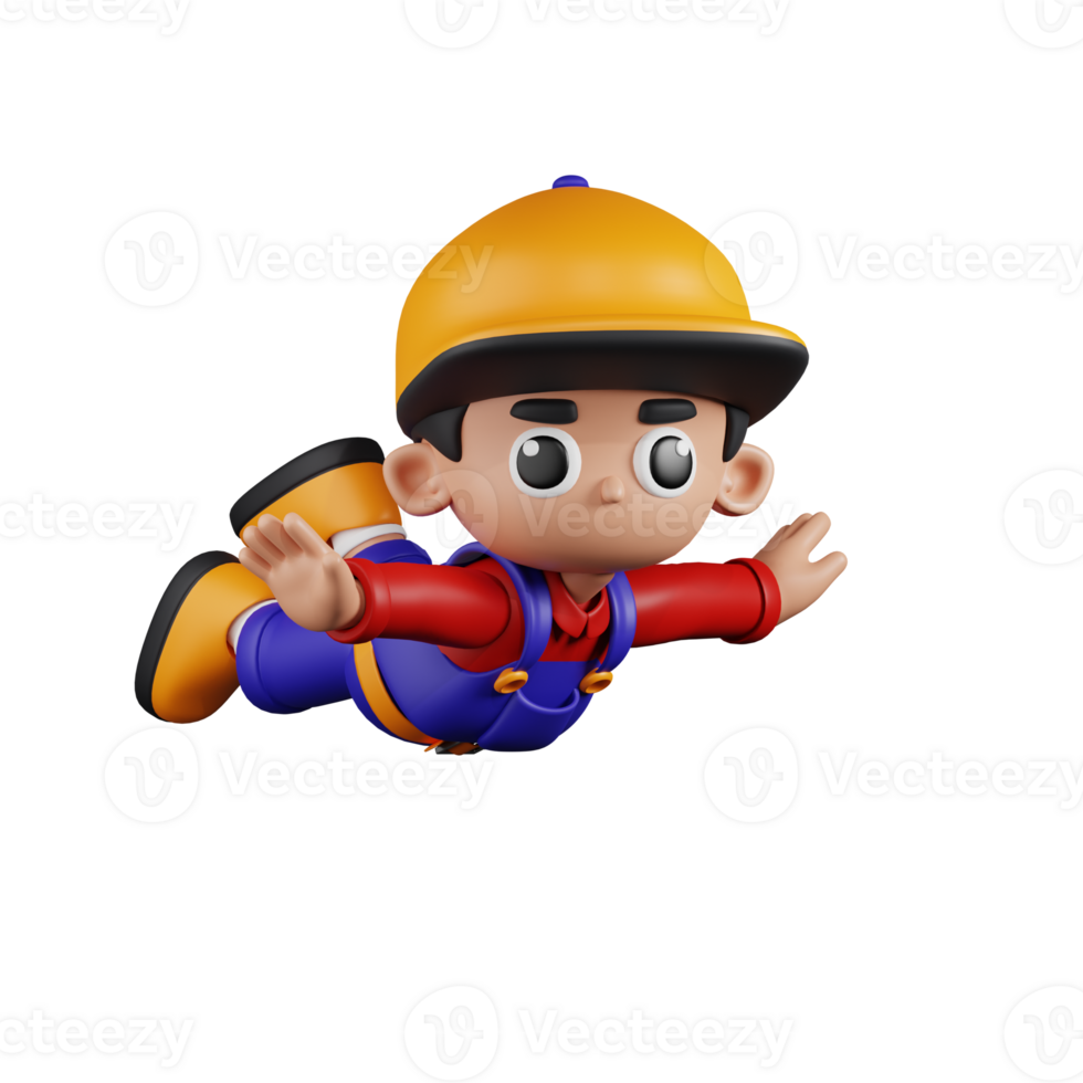 3d Character Mechanic Flying Pose. 3d render isolated on transparent backdrop. png