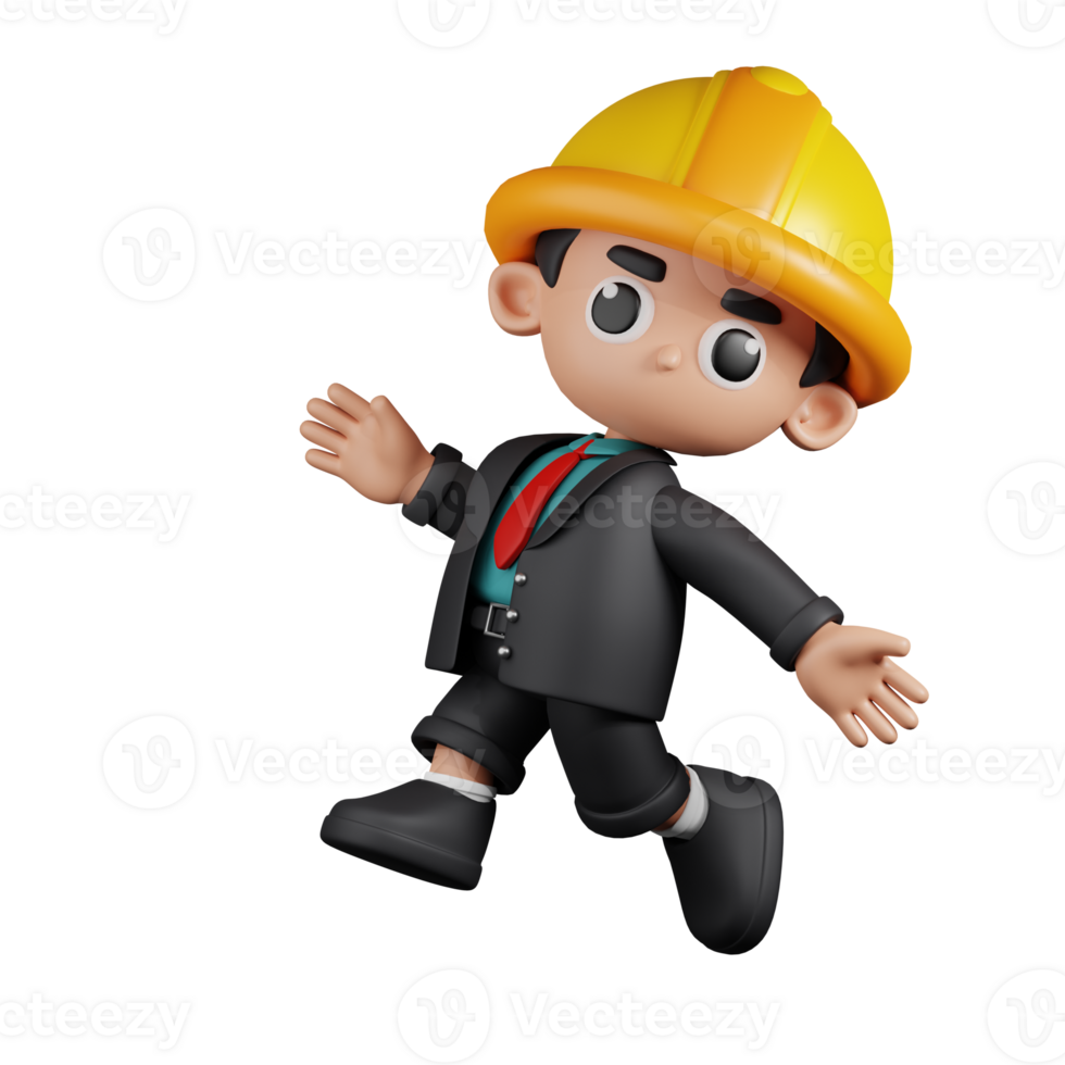 3d Character Engineer Happy Jumping Pose. 3d render isolated on transparent backdrop. png