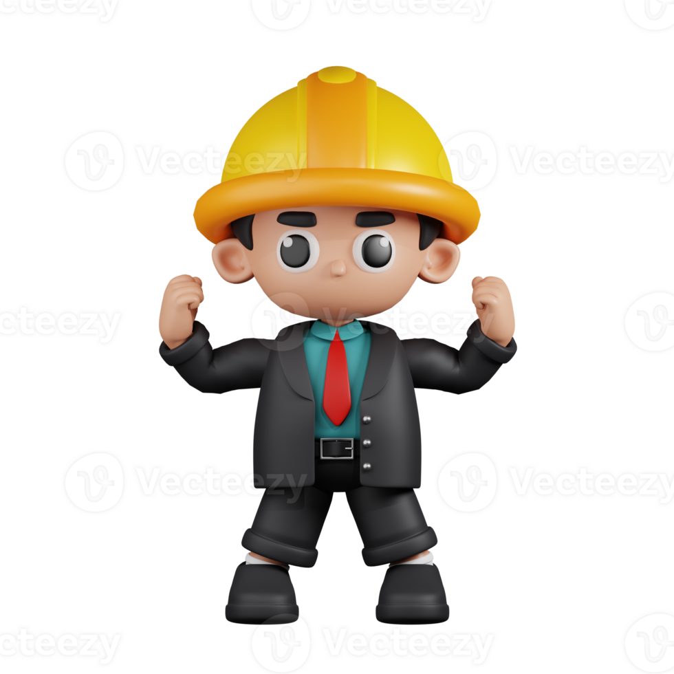 3d Character Engineer Looking Strong Pose. 3d render isolated on transparent backdrop. png