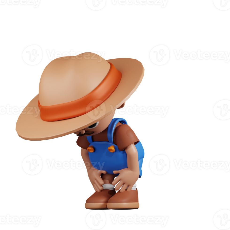 3d Character Farmer Taking A Break Pose. 3d render isolated on transparent backdrop. png