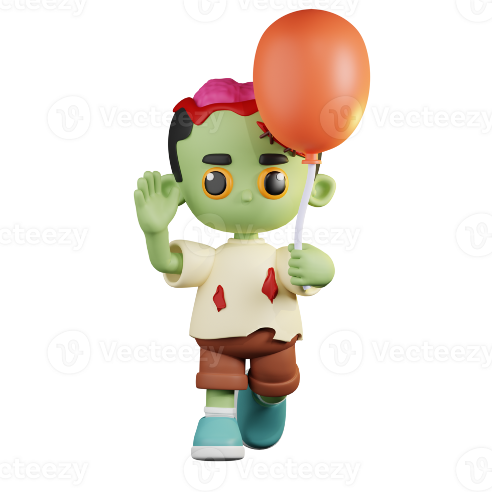 3d Character Zombie Holding a Balloon Pose. 3d render isolated on transparent backdrop. png