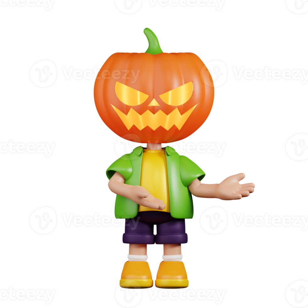 3d Character Pumpkin Pointing To Something Pose. 3d render isolated on transparent backdrop. png