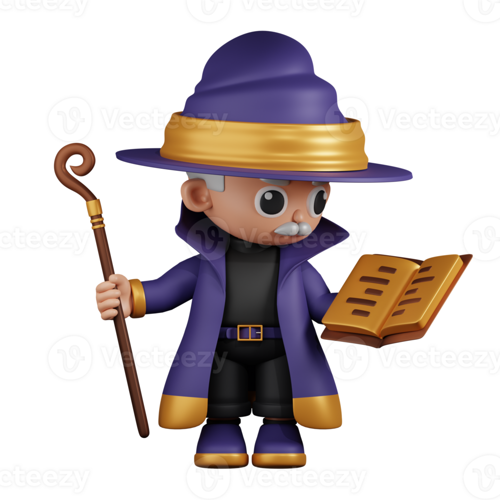 3d Character Wizard Reading A Spellbook While Holding Stick Pose. 3d render isolated on transparent backdrop. png