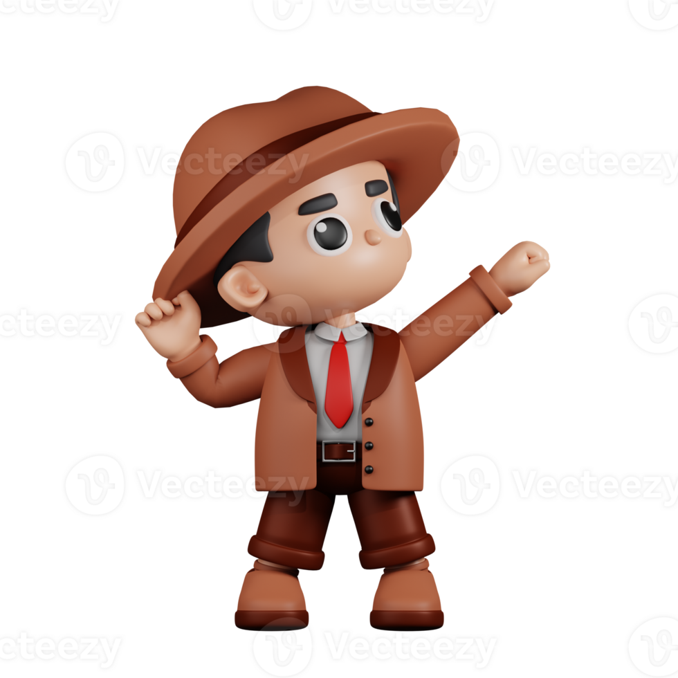 3d Character Detective Looking Victorious Pose. 3d render isolated on transparent backdrop. png