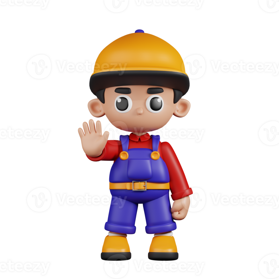 3d Character Mechanic Doing The Stop Sign Pose. 3d render isolated on transparent backdrop. png
