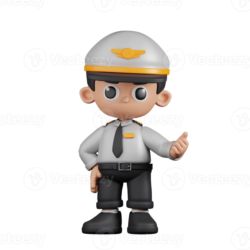 3d Character Pilot Pointing Next Pose. 3d render isolated on transparent backdrop. png