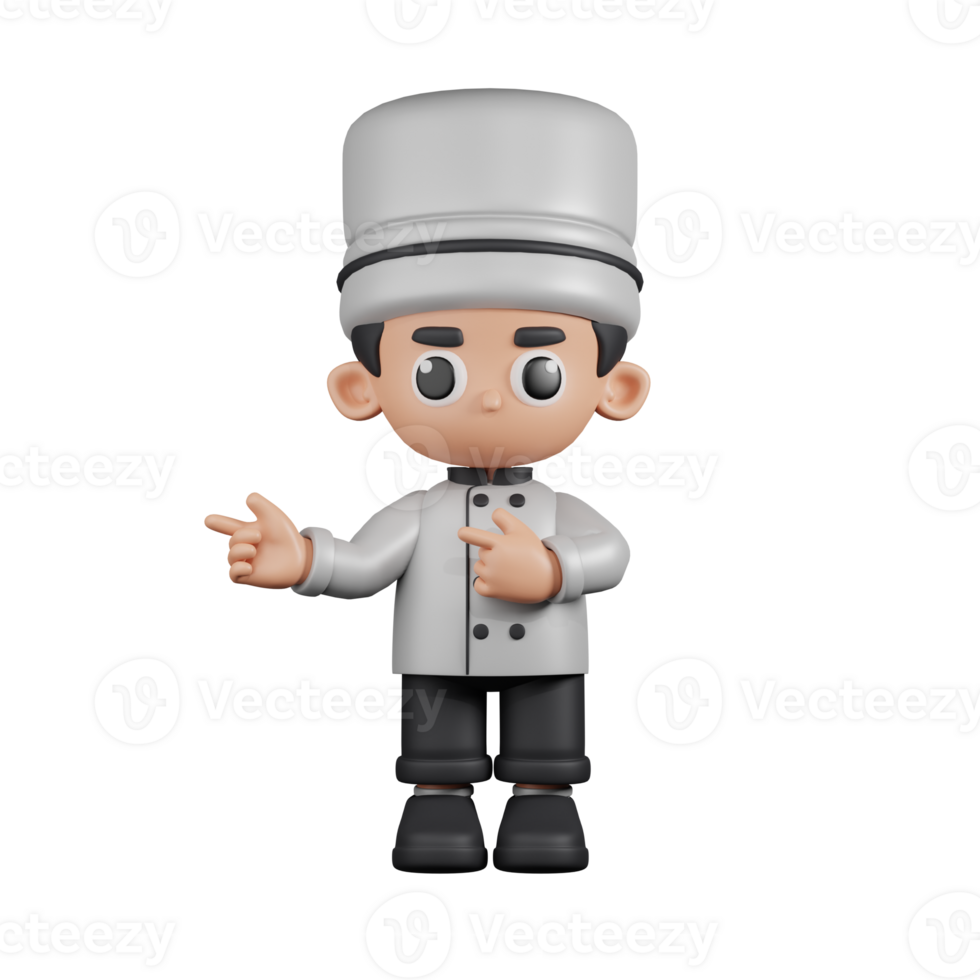 3d Character Chef Pointing Fingers In Direction Pose. 3d render isolated on transparent backdrop. png