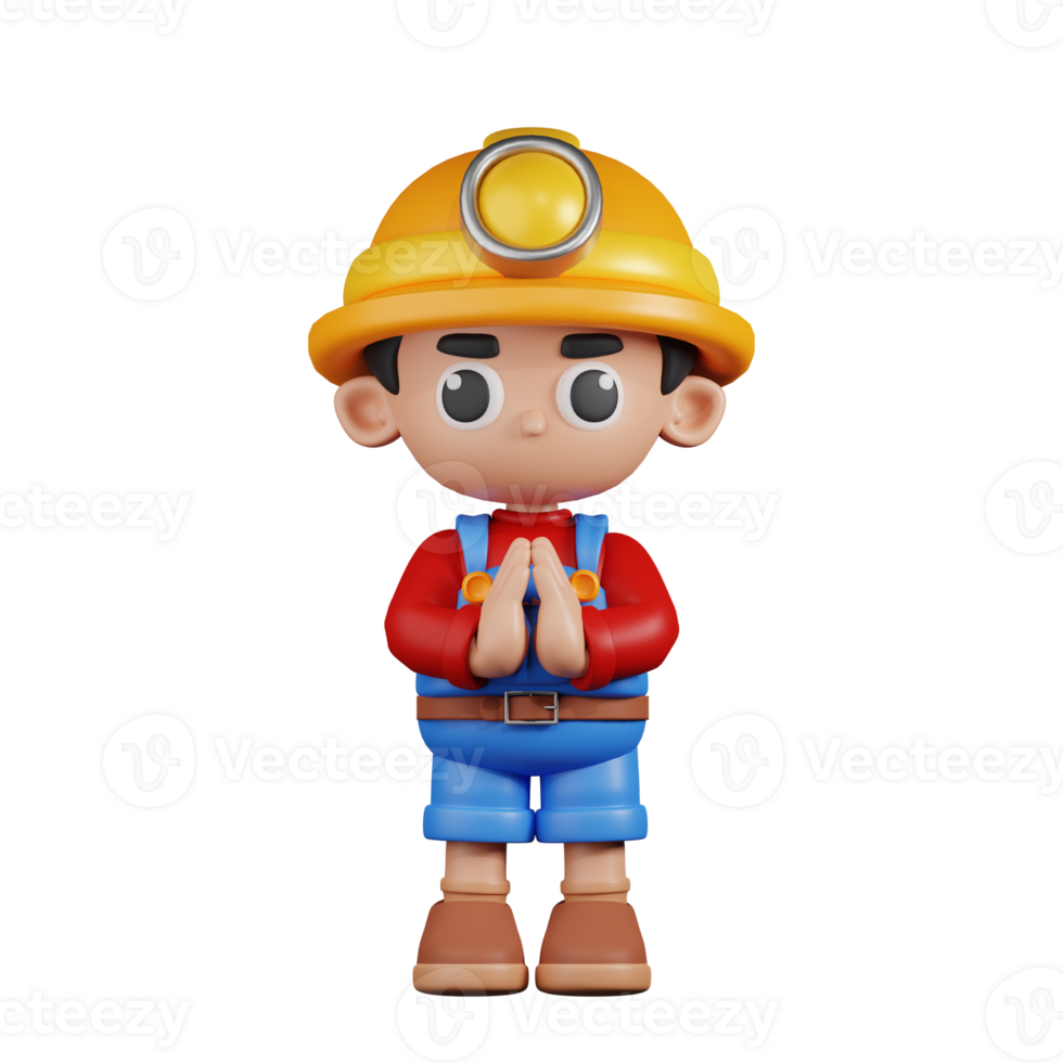 3d Character Miner Apologizing Pose. 3d render isolated on transparent backdrop. png
