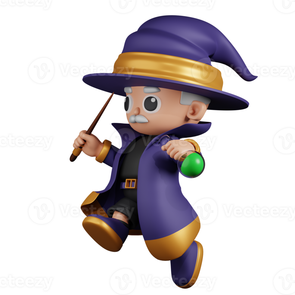 3d Character Wizard Jumping Pose. 3d render isolated on transparent backdrop. png