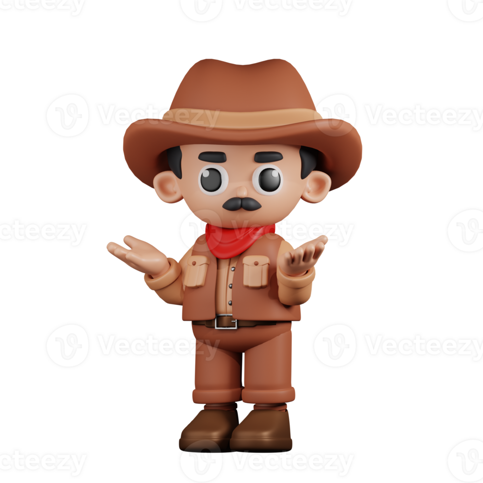 3d Character Cowboy Confused Pose. 3d render isolated on transparent backdrop. png