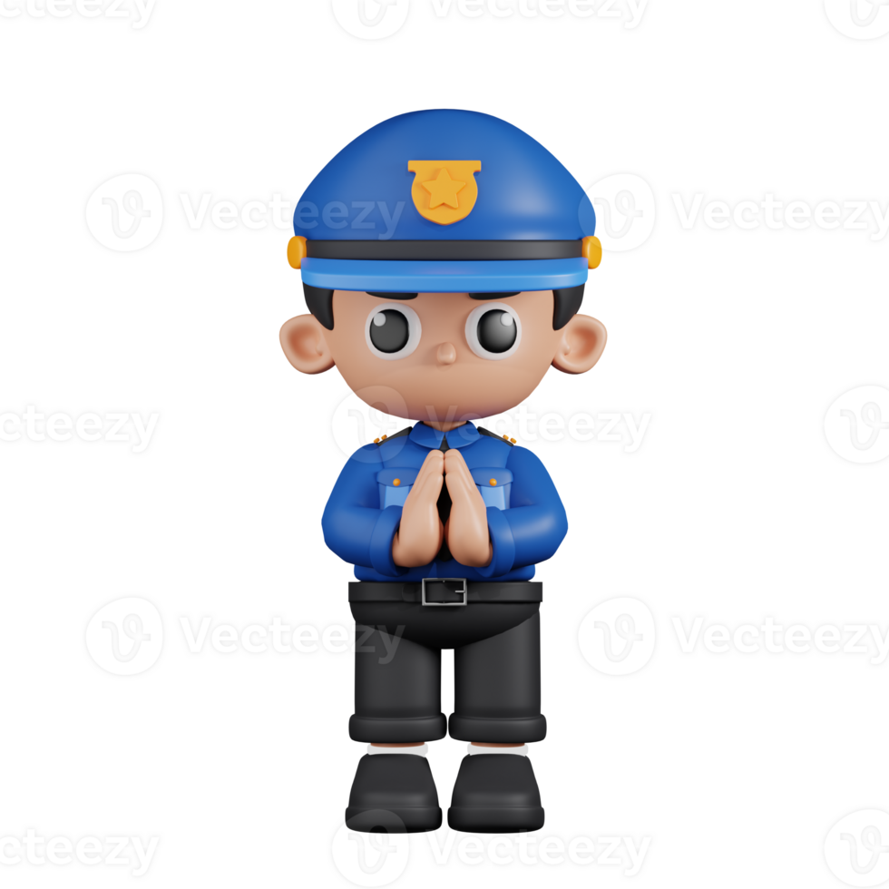 3d Character Policeman Apologizing Pose. 3d render isolated on transparent backdrop. png