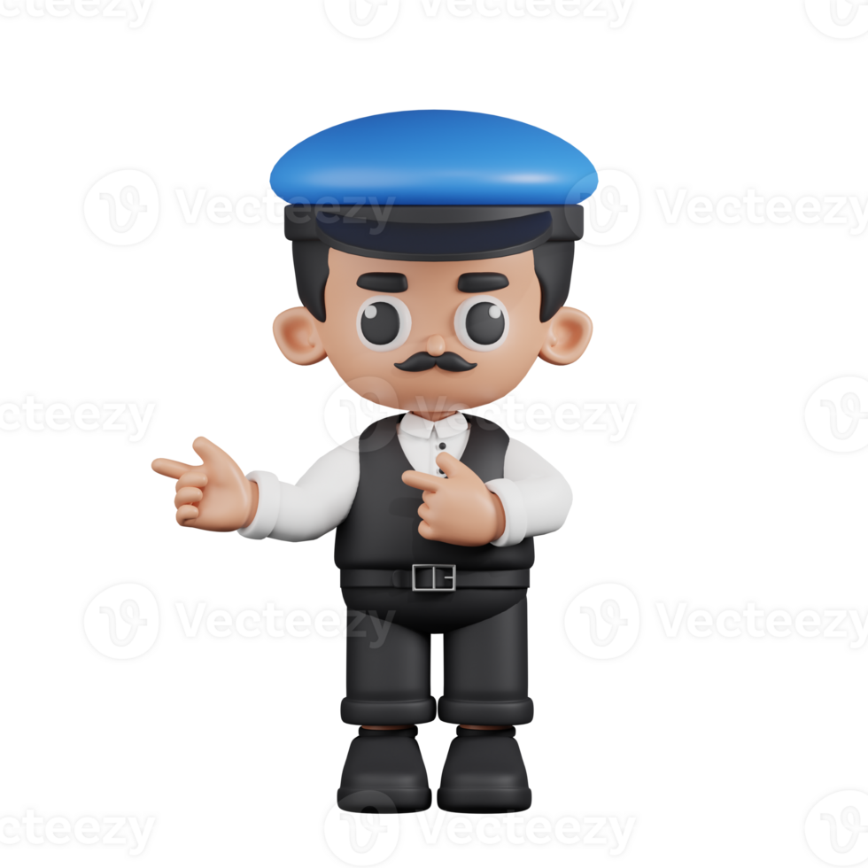 3d Character Driver Pointing Fingers In Direction Pose. 3d render isolated on transparent backdrop. png