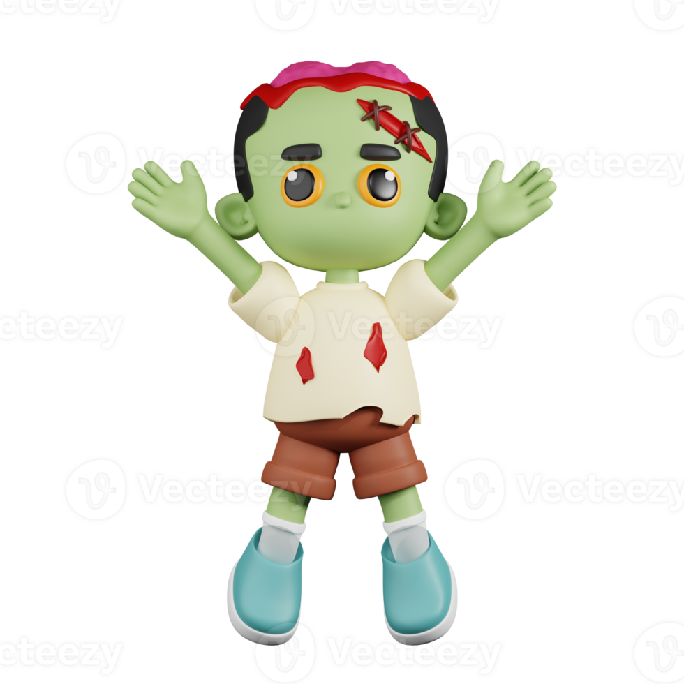 3d Character Zombie Jumping Celebration Pose. 3d render isolated on transparent backdrop. png