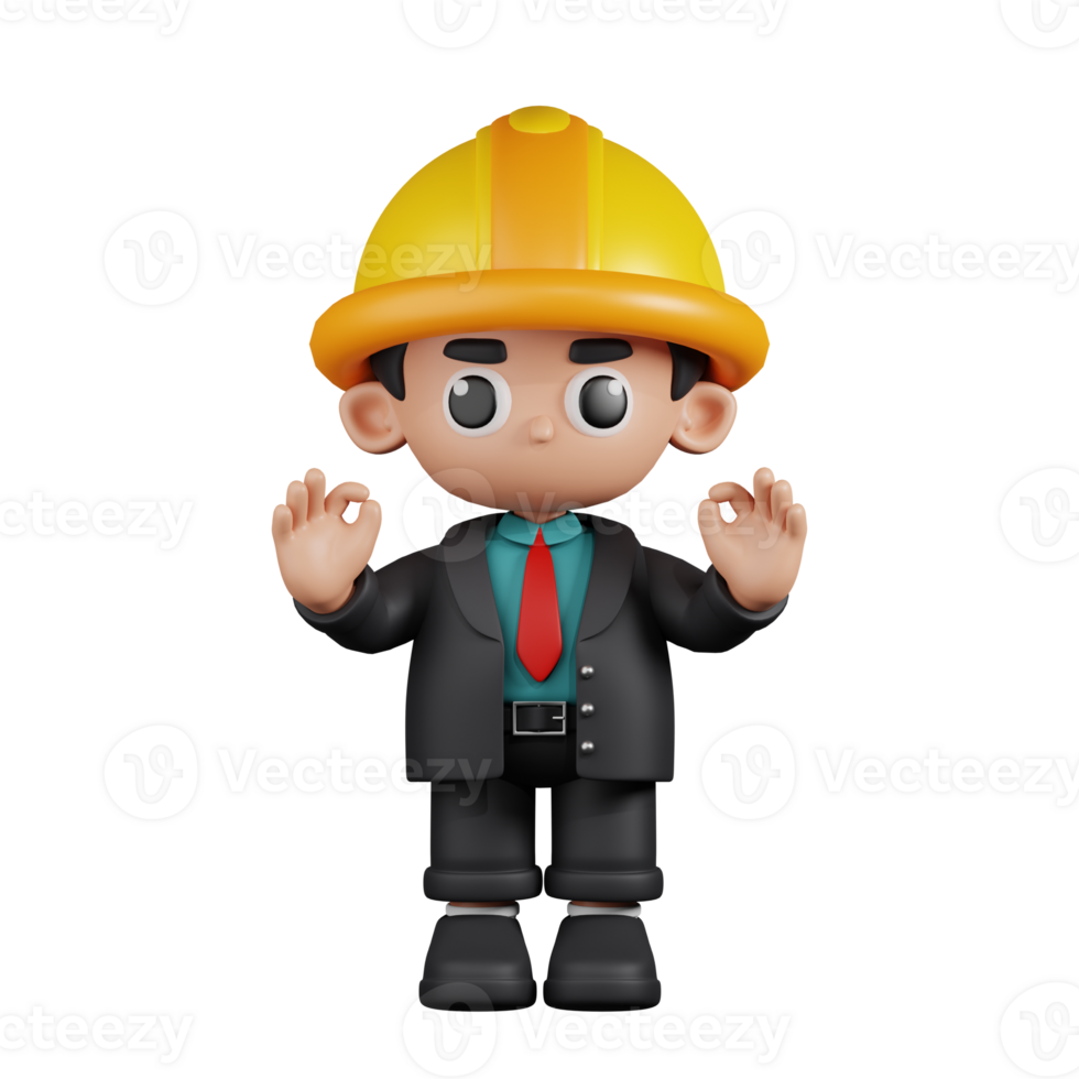 3d Character Engineer Giving Ok Hand Gesture Pose. 3d render isolated on transparent backdrop. png