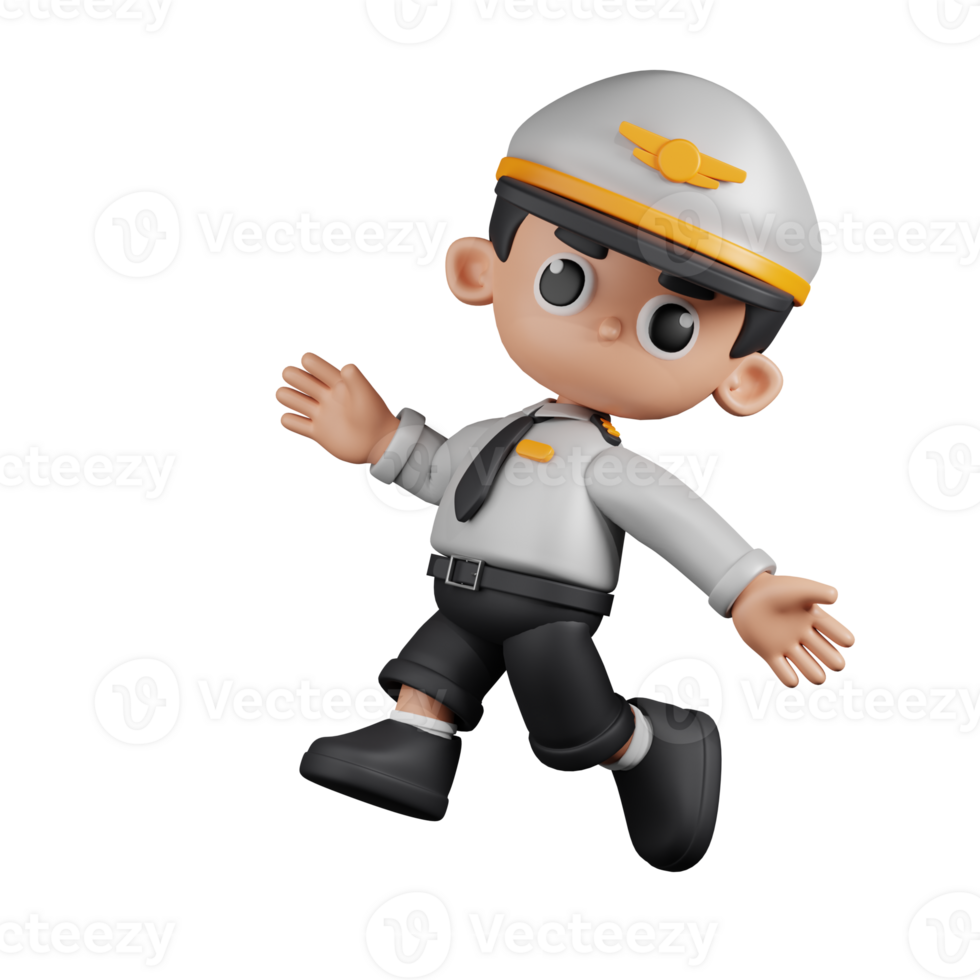 3d Character Pilot Happy Jumping Pose. 3d render isolated on transparent backdrop. png