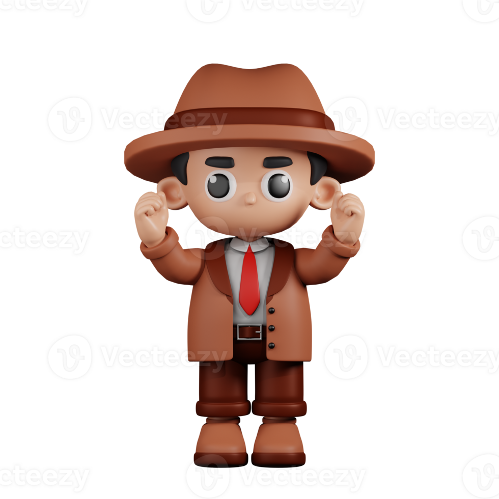3d Character Detective Excited Pose. 3d render isolated on transparent backdrop. png