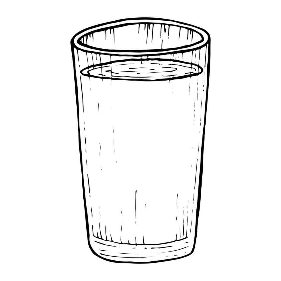 Vector glass of water, juice or milk black and white graphic illustration in simple sketch style