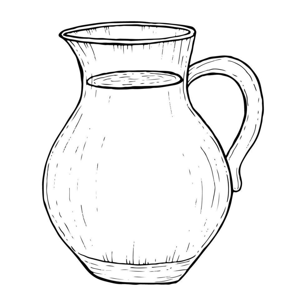 Vector jug with water, lemonade or juice black and white sketch illustration