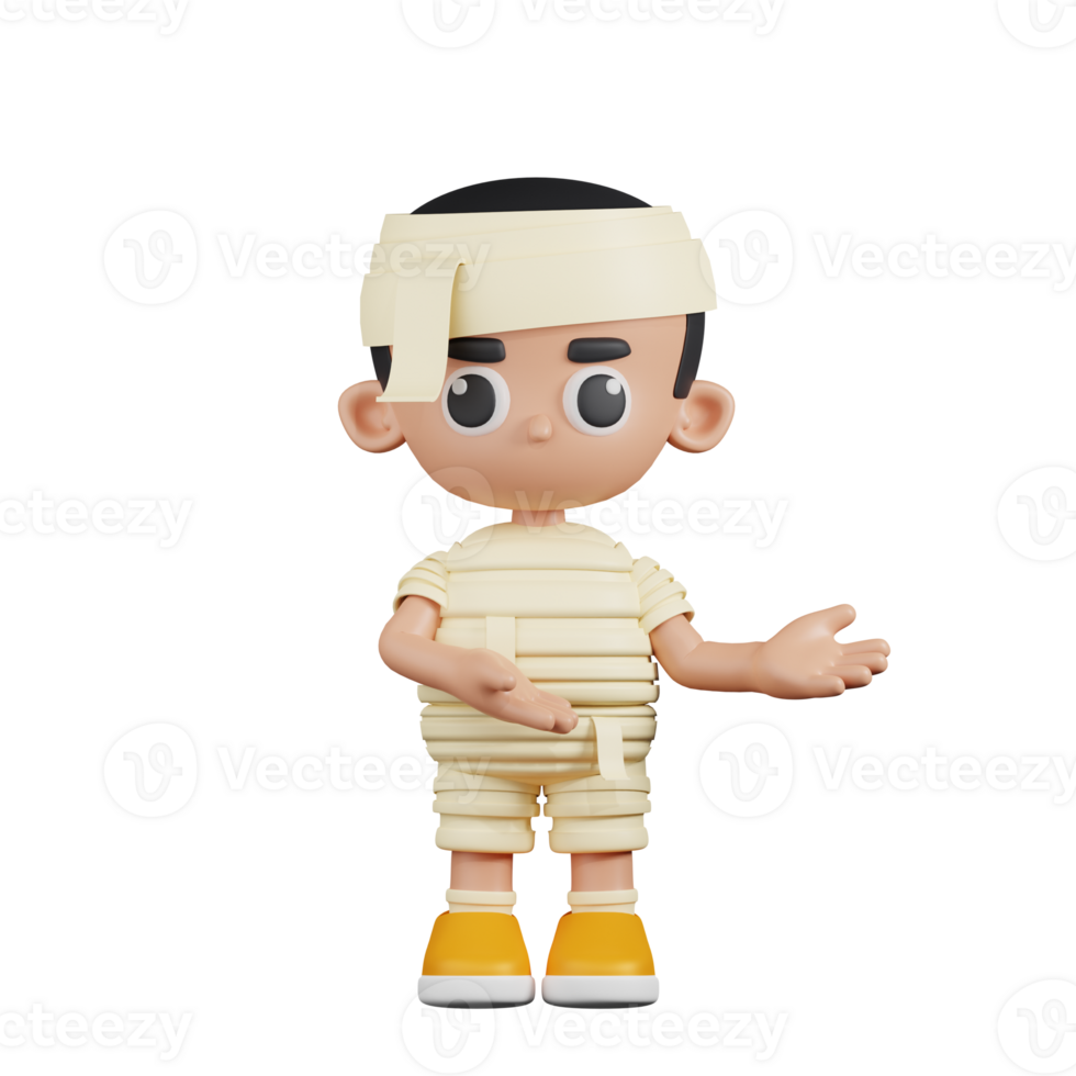 3d Character Mummy Pointing To Something Pose. 3d render isolated on transparent backdrop. png