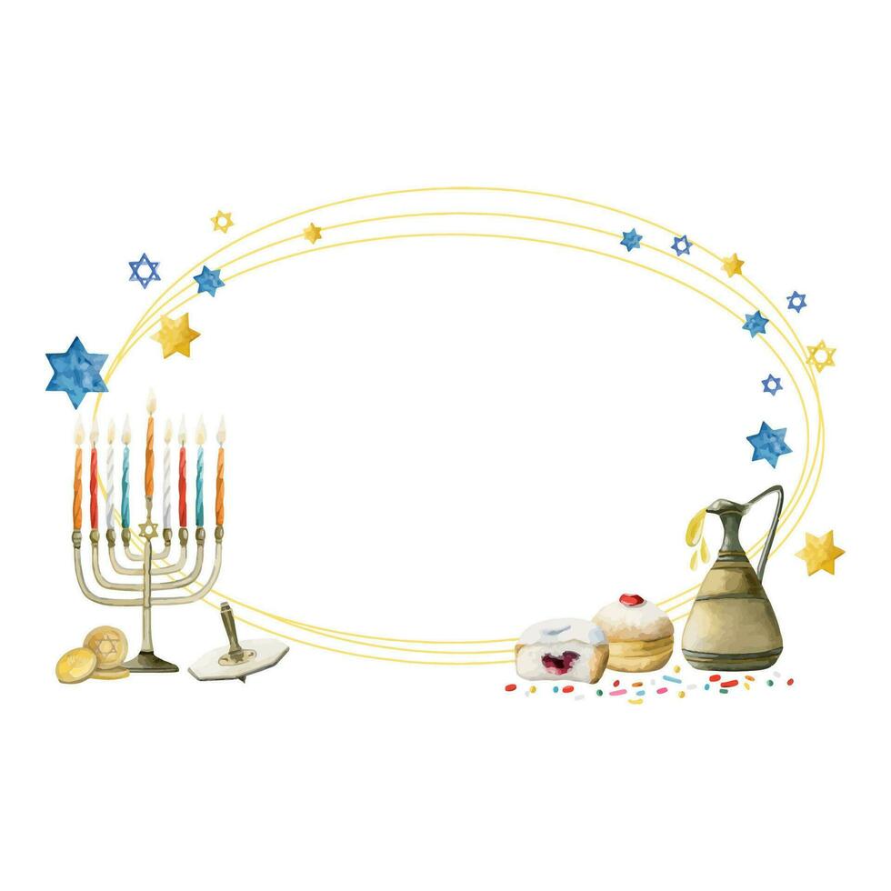 Happy Hanukkah banner template for holiday greeting design with menorah, sufganiyot donuts, dreidel. Watercolor vector illustration