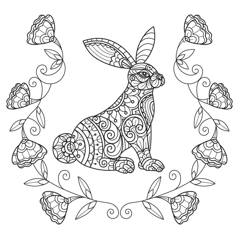 Little rabbit and cute flowers hand drawn for adult coloring book vector