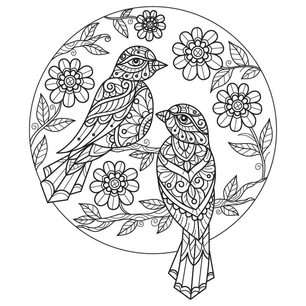 Two birds in circle flowers hand drawn for adult coloring book vector