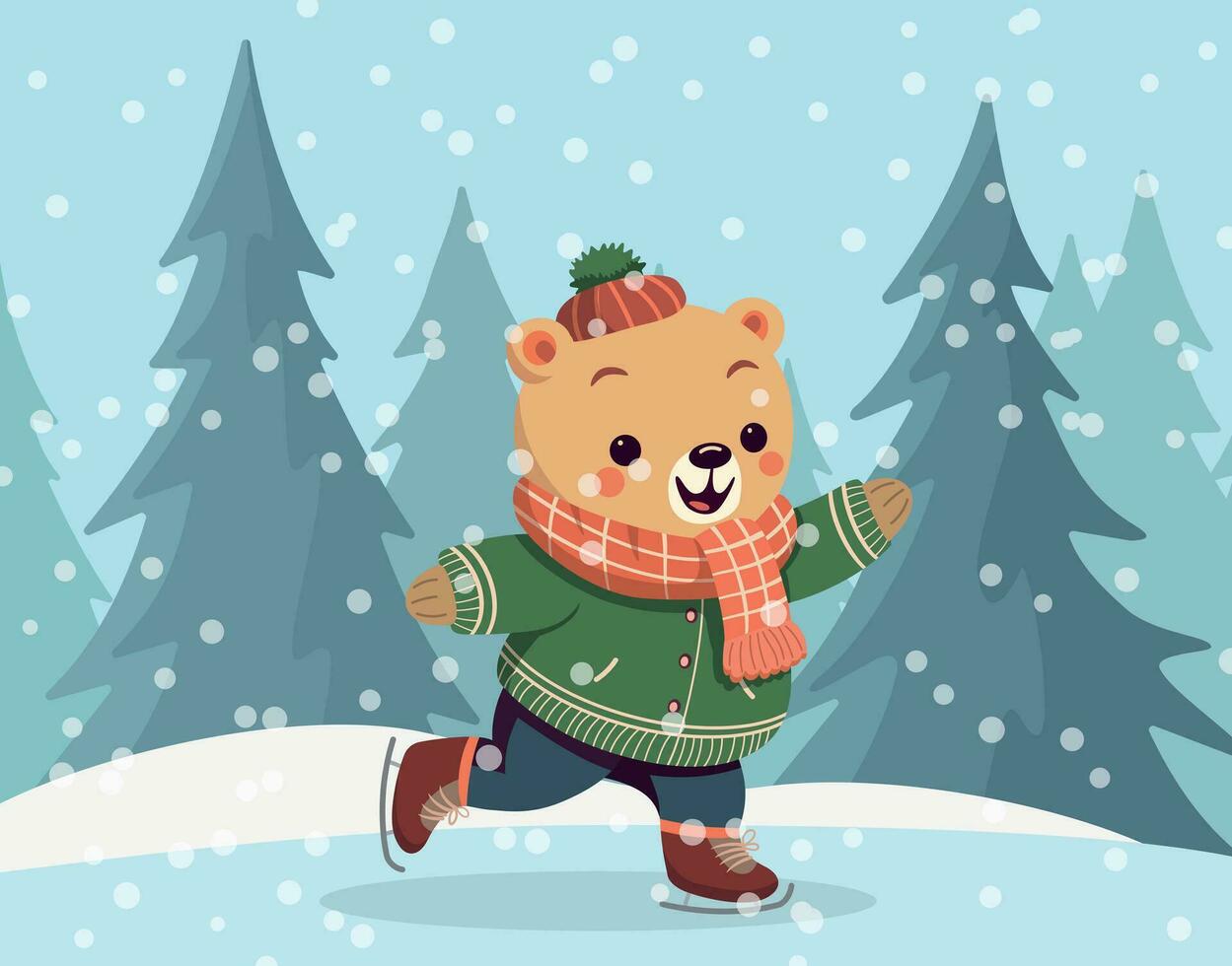 Cartoon bear ice skates. Character glides on one leg figure skating. Snowy forest on the background. Holiday card design. vector