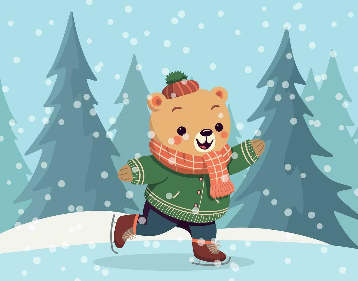 dibujos animados oso hielo patines personaje se desliza en uno pierna figura Patinaje. Nevado bosque en el antecedentes. fiesta tarjeta diseño. vector