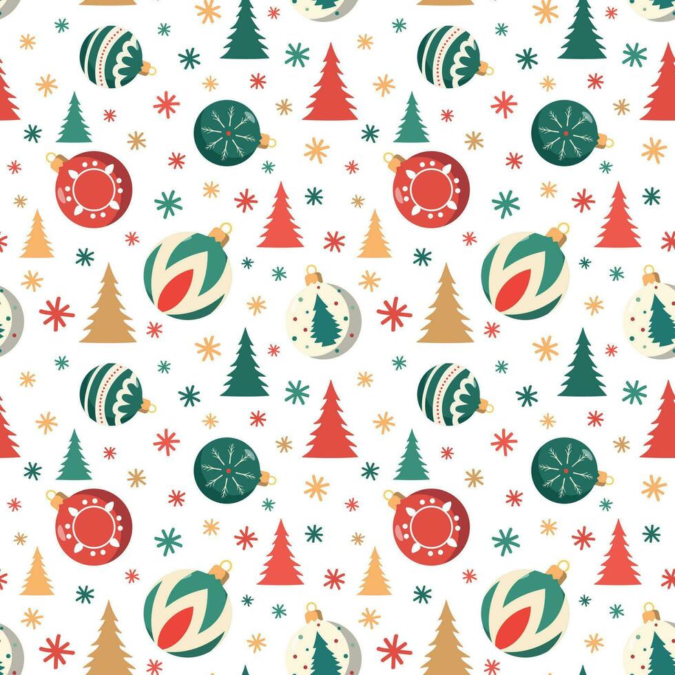 Christmas decor seamless pattern with baubles, snowflakes and trees. Vector illustration for Christmas and New Year. Isolated on white background