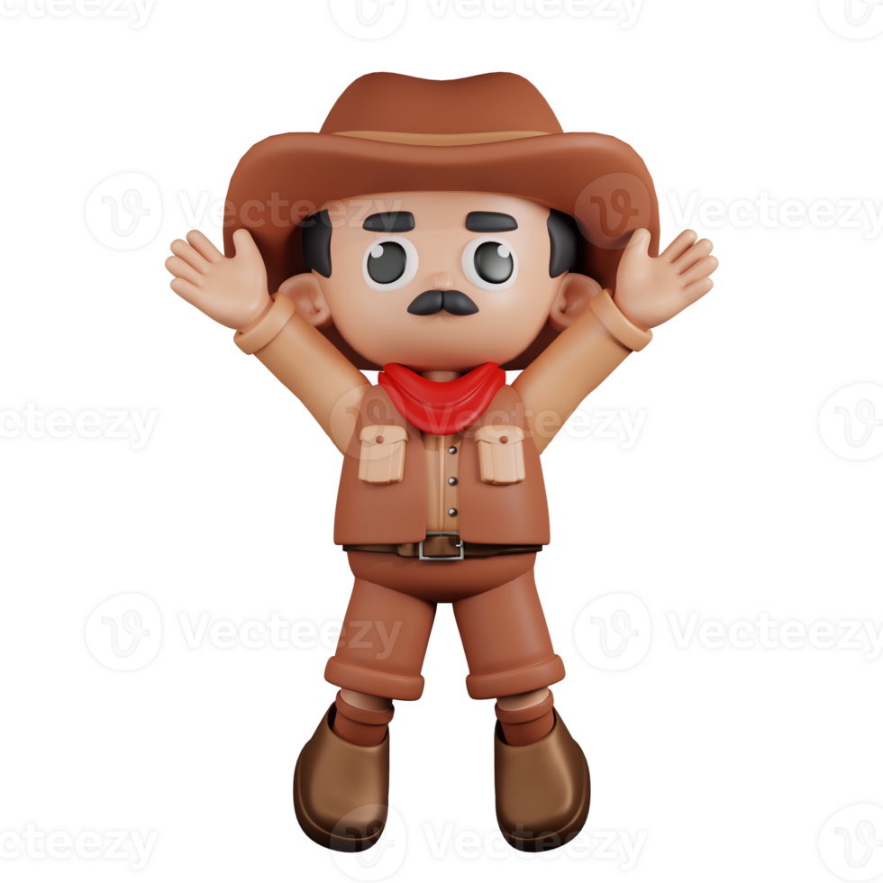 3d Character Cowboy Jumping Celebration Pose. 3d render isolated on transparent backdrop. png